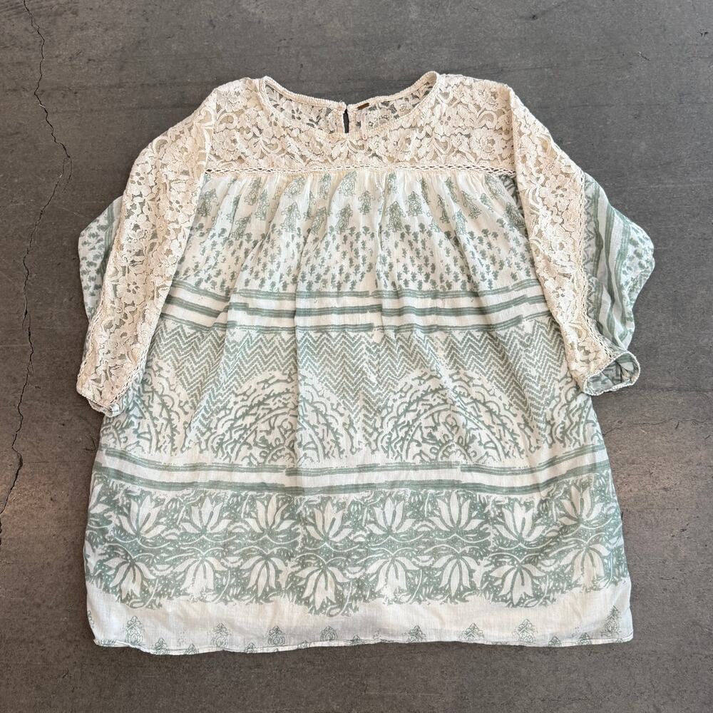 Vintage Y2k Free People Boho Indie Sleaze Ivory Green Lace Flowy Women's Top M